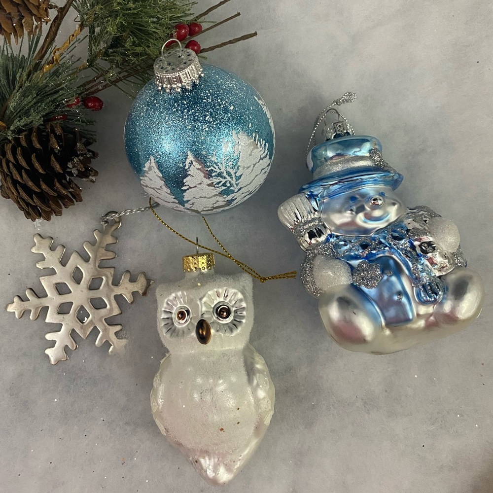 Christmas Ornament Lot Of 4 Flocked Owl Snowman Snowflake Glass Ball Blue White